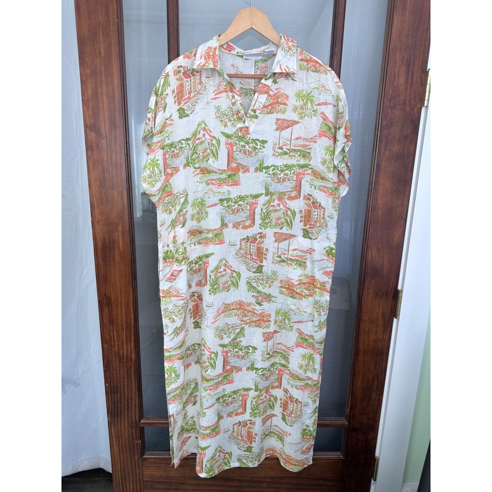 Cynthia Rowley Linen Blend Coastal Scenic Print Midi Dress Large Mediterranean